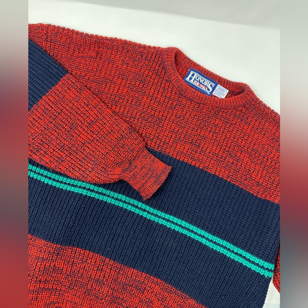 Vintage Honors Blue/Red Striped Acrylic Knit Sweater Adult Sz L USA F0